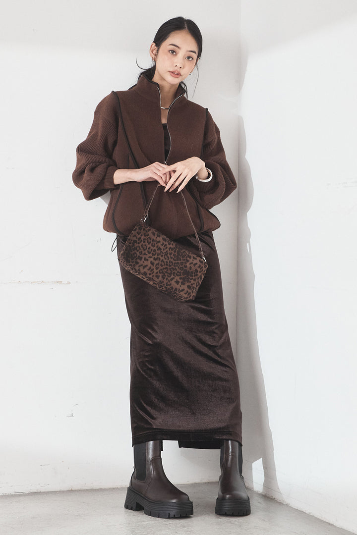 [SET]ハイネックパイピングデザインブルゾン+ベロアバレエネックワンピース(2set)