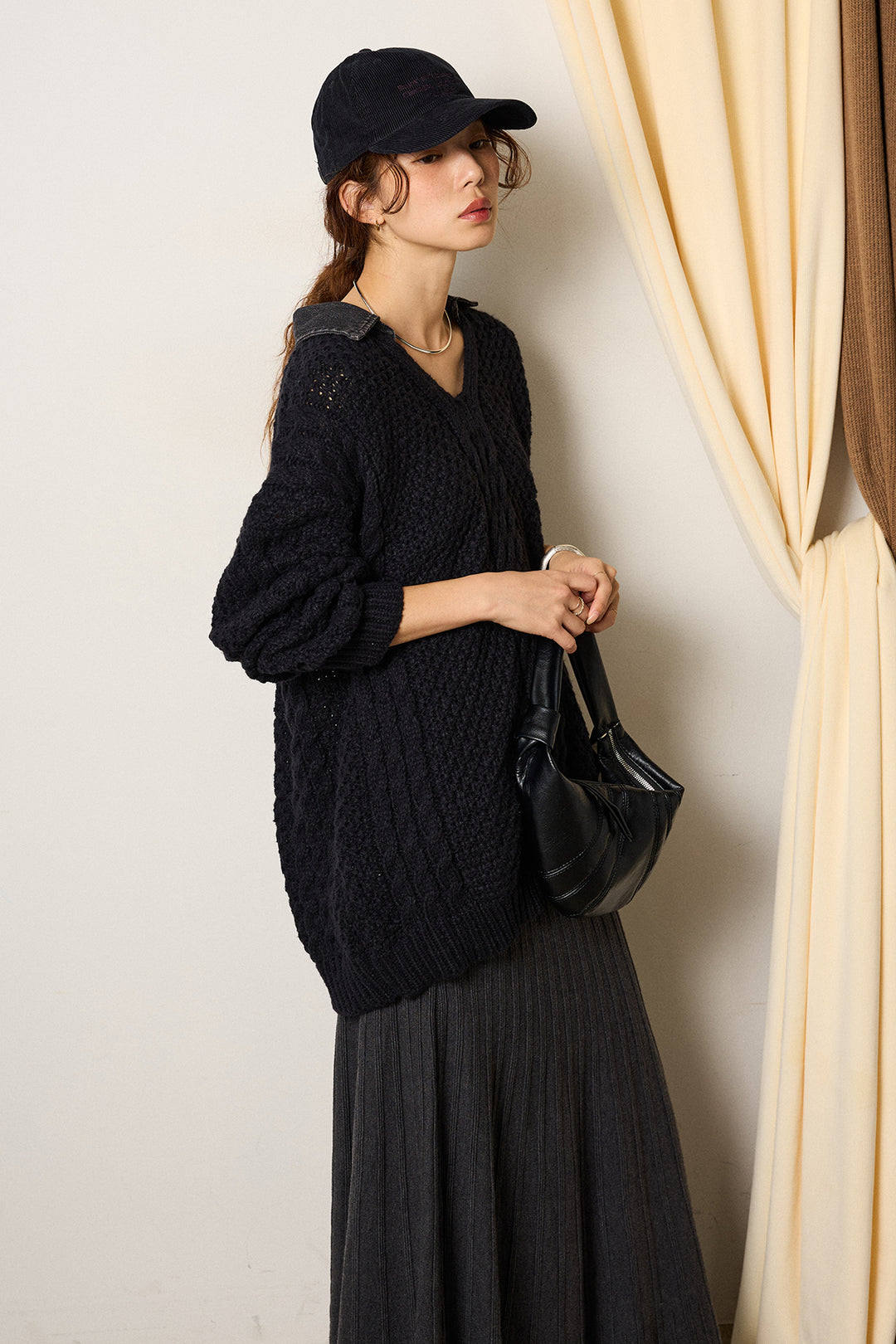 [SET]デニムカラーケーブルオーバーニット+編み地切り替えフレアニットスカート(2set)