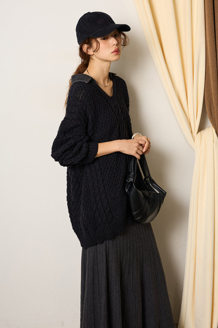 [SET]デニムカラーケーブルオーバーニット+編み地切り替えフレアニットスカート(2set)