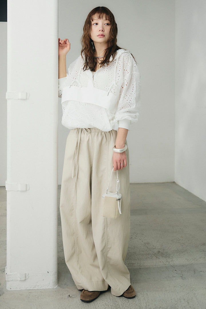 [SET]レースハーフジップアップフーディー+フェイクレザーカーブワイドパンツ(2set)