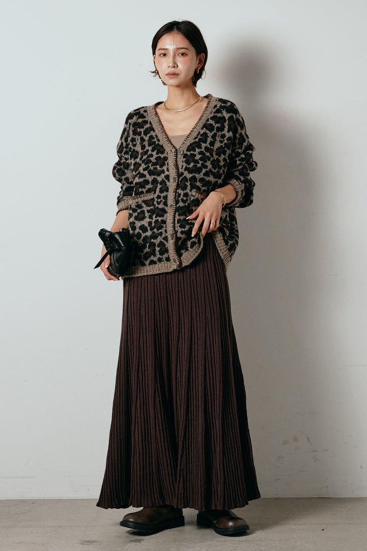 [SET]ステッチデザインレオパードニットカーディガン+リブニットフレアスカート(2set)