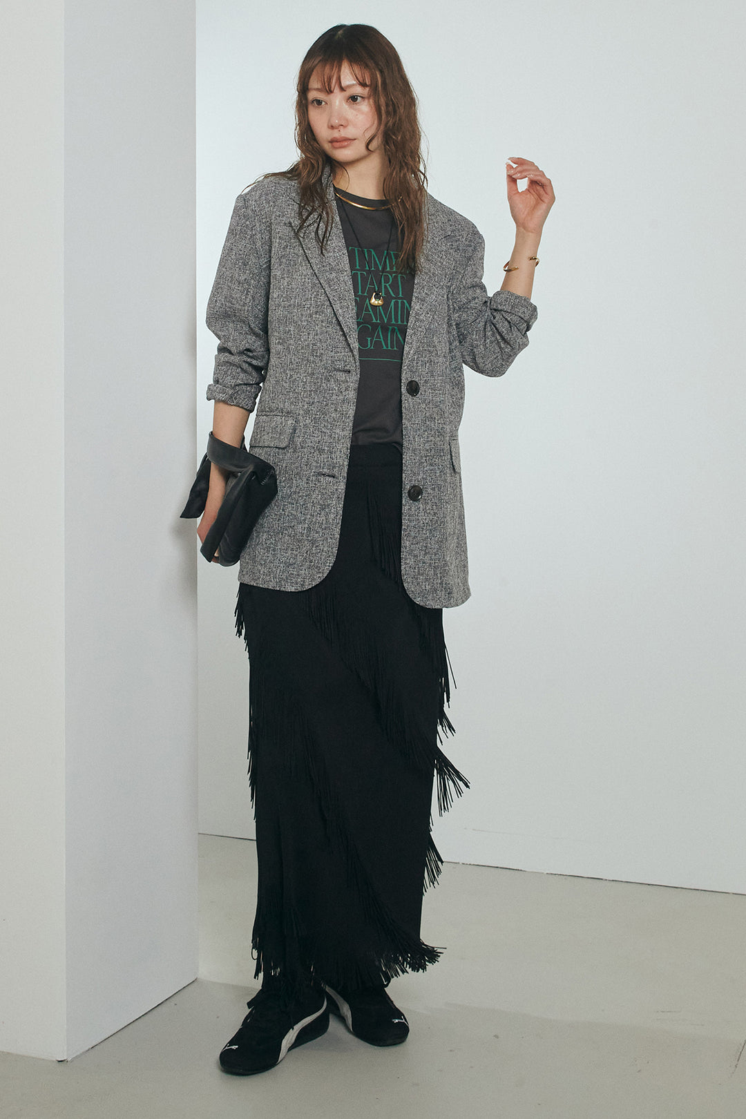 [SET]ミックスツイードベルト付きジャケット+斜めフリンジデザインスカート(2set)