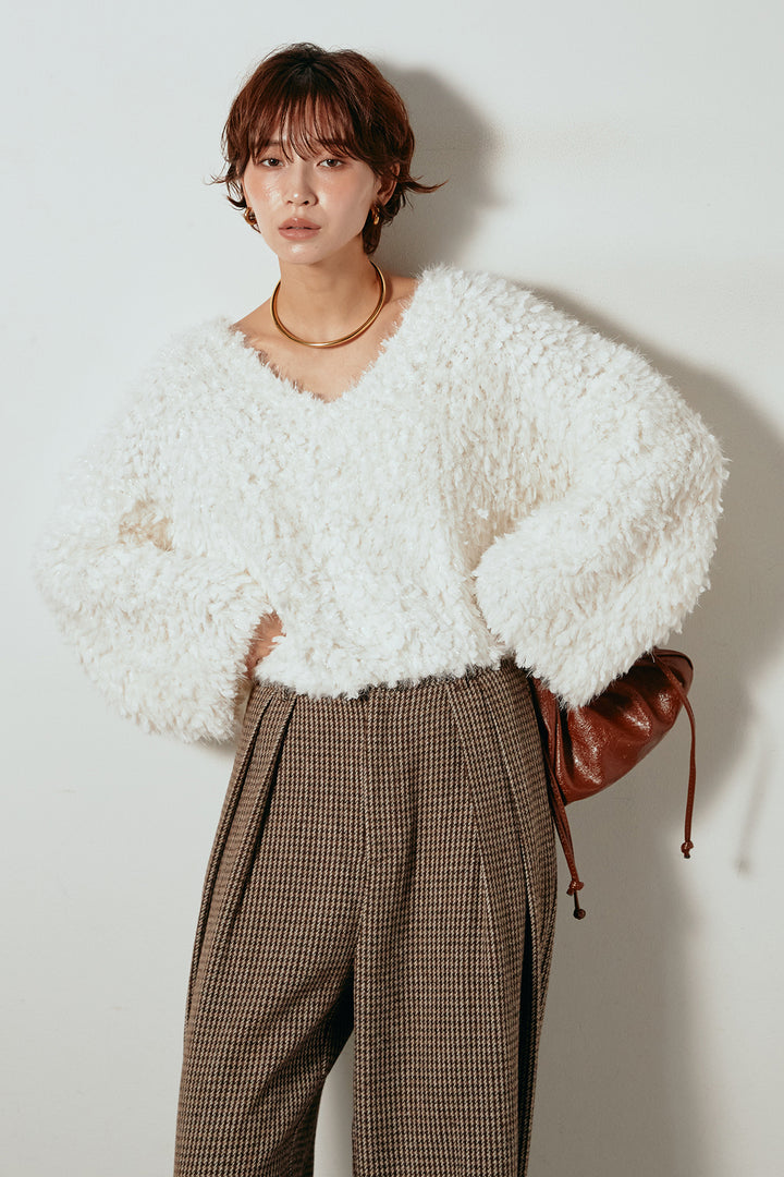 [SET]深Vネックチョウチョヤーンニットトップス+ガンクラブチェックタックパンツ(2set)