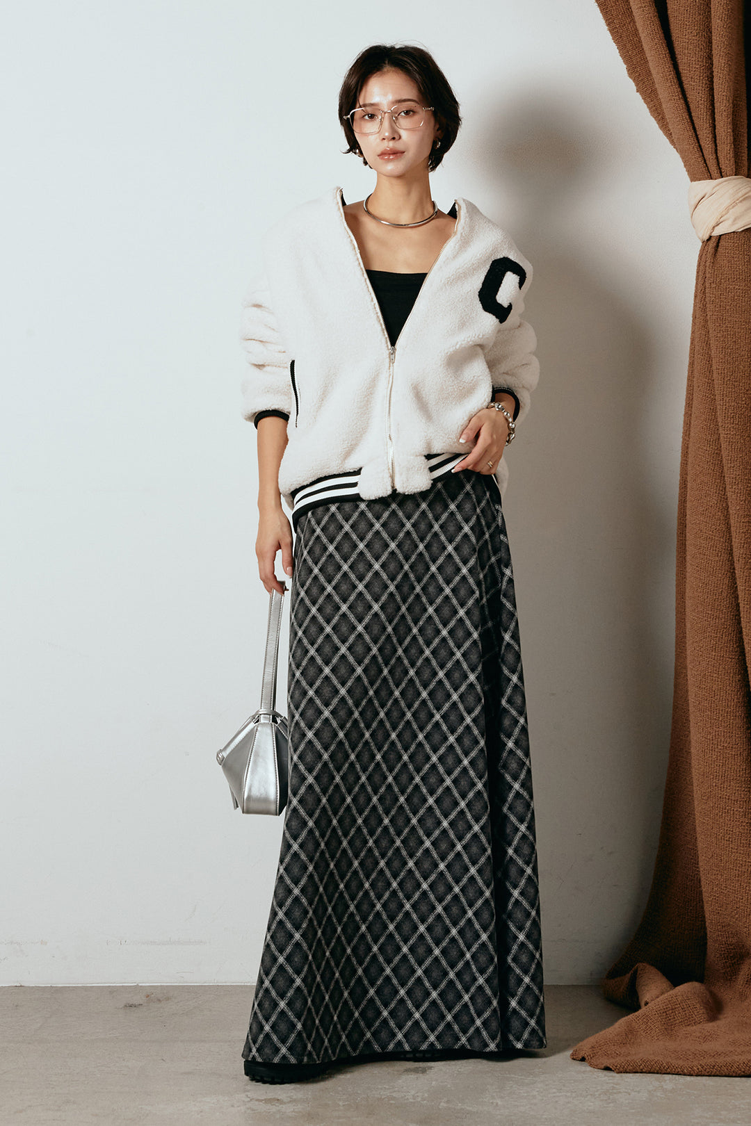 [SET]ロゴスタジャンボアブルゾン+フロッキー起毛チェックスカート(2set)