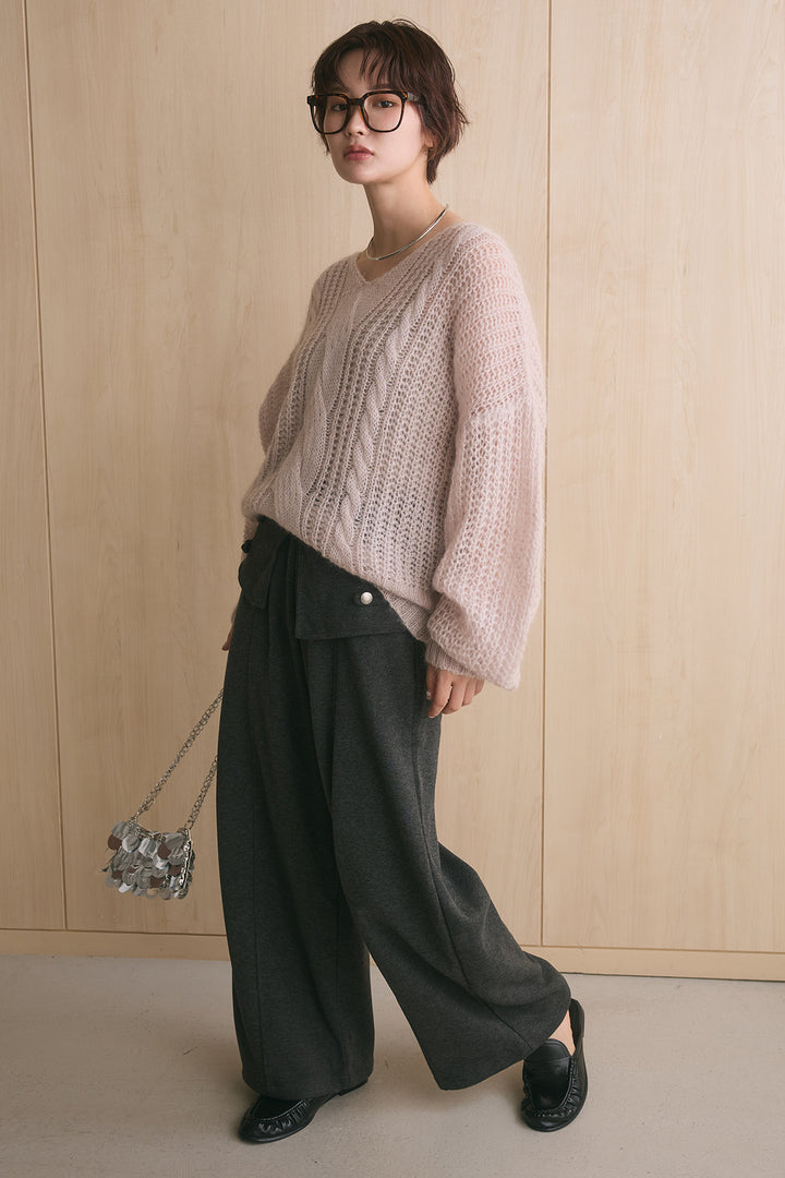[SET]シアーモヘアケーブルVニックニット+ナポレオンデザインラップカーブパンツ(2set)