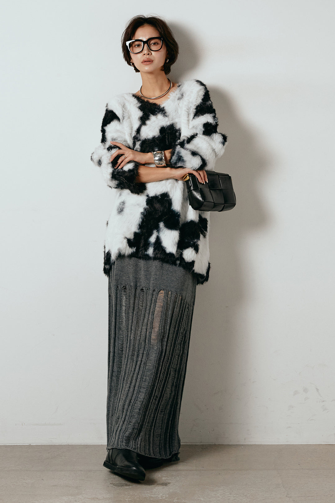 [SET]タイダイ柄シャギーニットトップス+裾シアーリブスカート(2set)