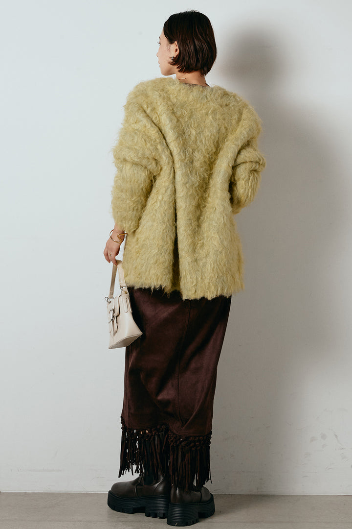 [SET]ウェーブシャギーニットジャケット+スウェードライク裾フリンジスカート(2set)