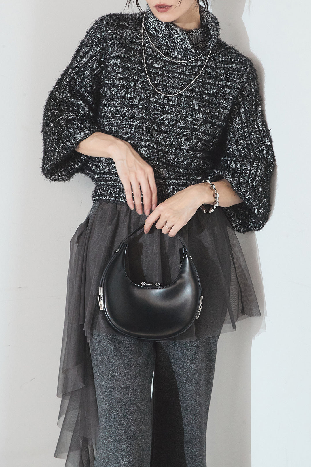 [SET]ミックス編みドルマンニットトップス+チュールレイヤードニットパンツ(2set)