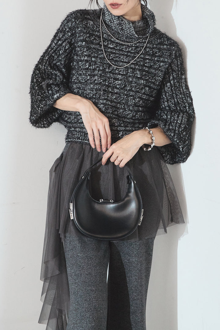 [SET]ミックス編みドルマンニットトップス+チュールレイヤードニットパンツ(2set)