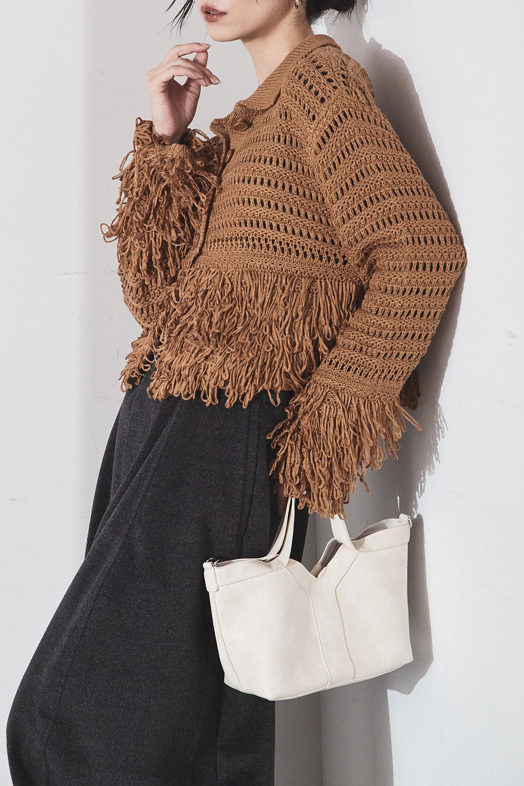 [SET]メッシュフリンジカーディガン+ウールタッチカーブワイドパンツ(2set)