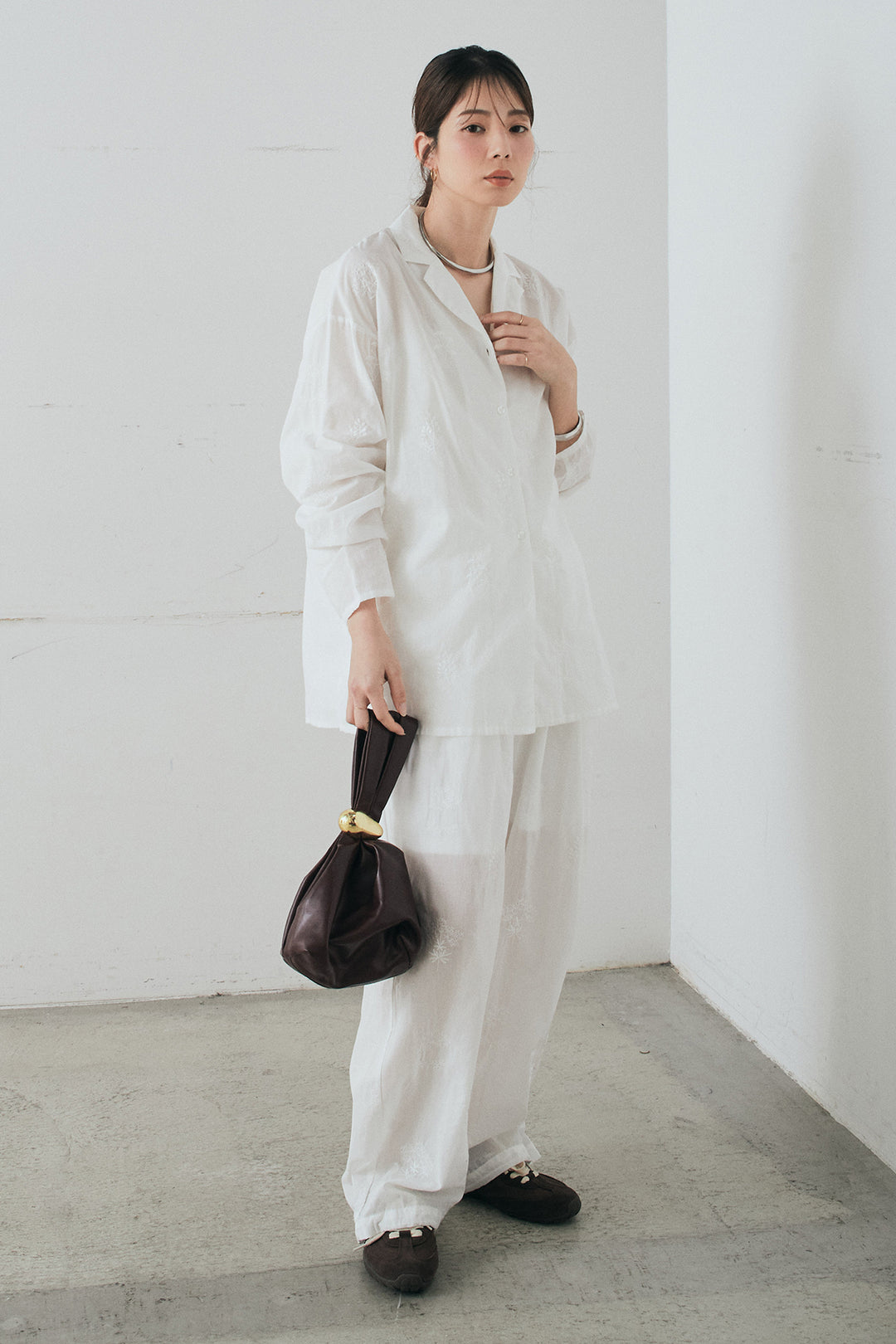 [SET]刺繍ローンオープンカラーシャツ+刺繍ローンタックイージーパンツ(2set)