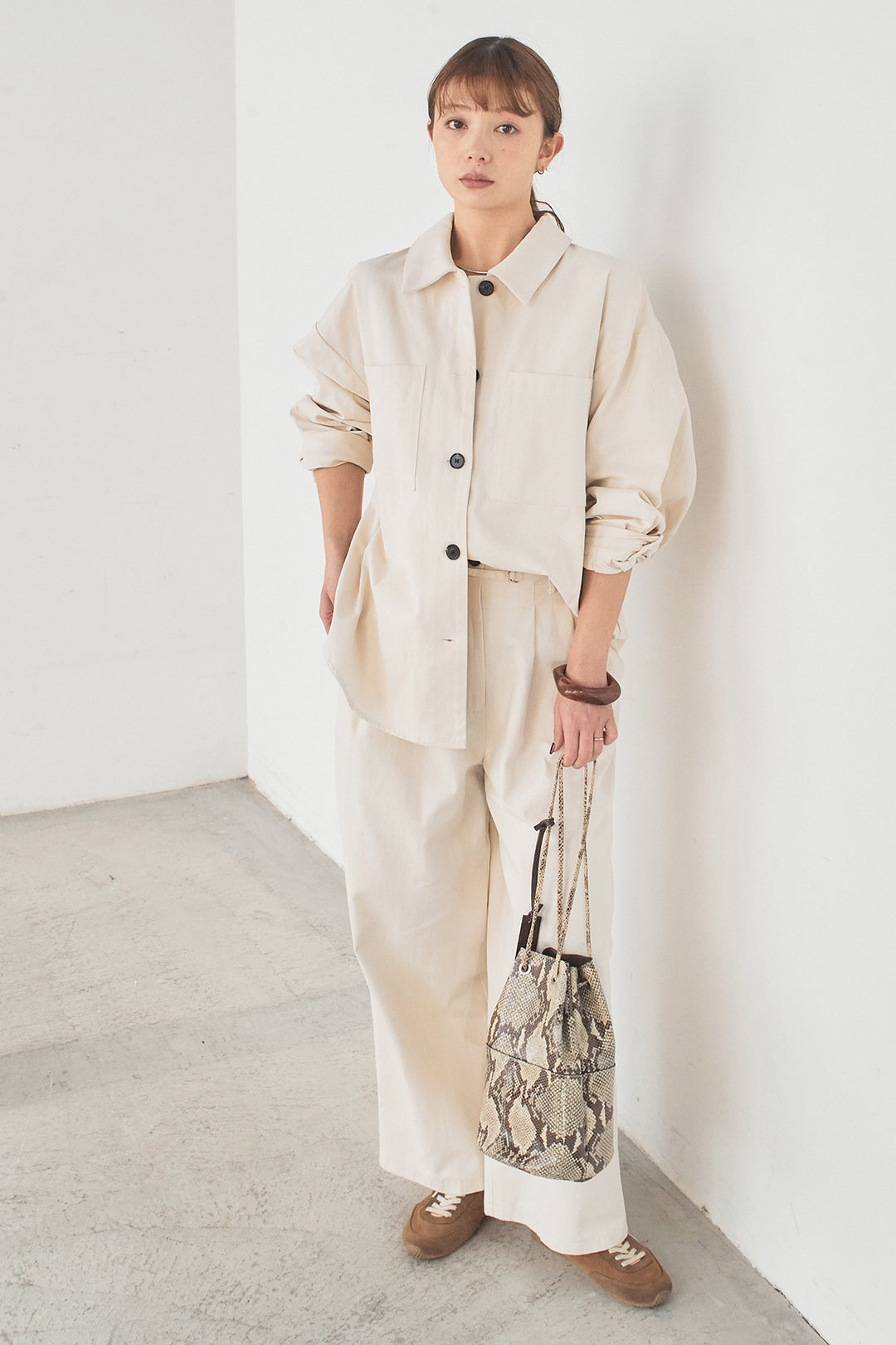 [SET]ツイルシャツジャケット+ツイルハイウエストタックパンツ(2set)