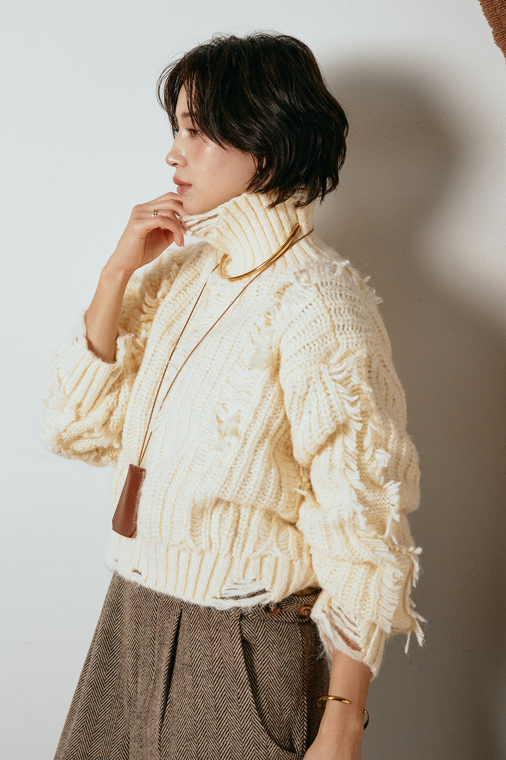[SET]フリンジタートルショートニット+クラシックヘリンボーンサロペット(2set)