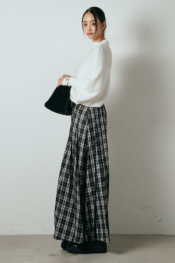 [SET]ポンチョシルエット透かしニットトップス+ベルト付きタータンチェックプリーツスカート(2set)