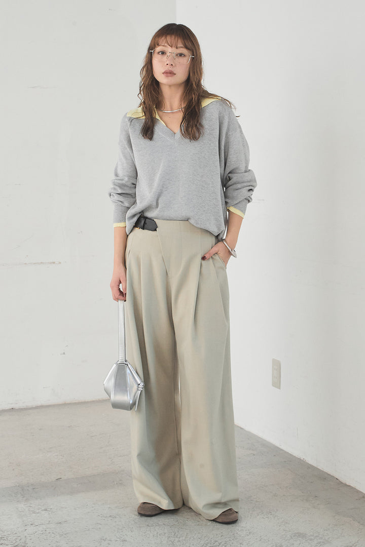 [SET]バイカラーニットレイヤード風プルオーバー+サイドベルトタック入りスラックス(2set)