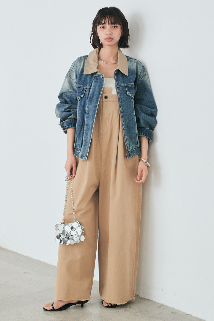 [SET]襟切り替えジップデニムジャケット+綿ツイルアシメサロペット(2set)