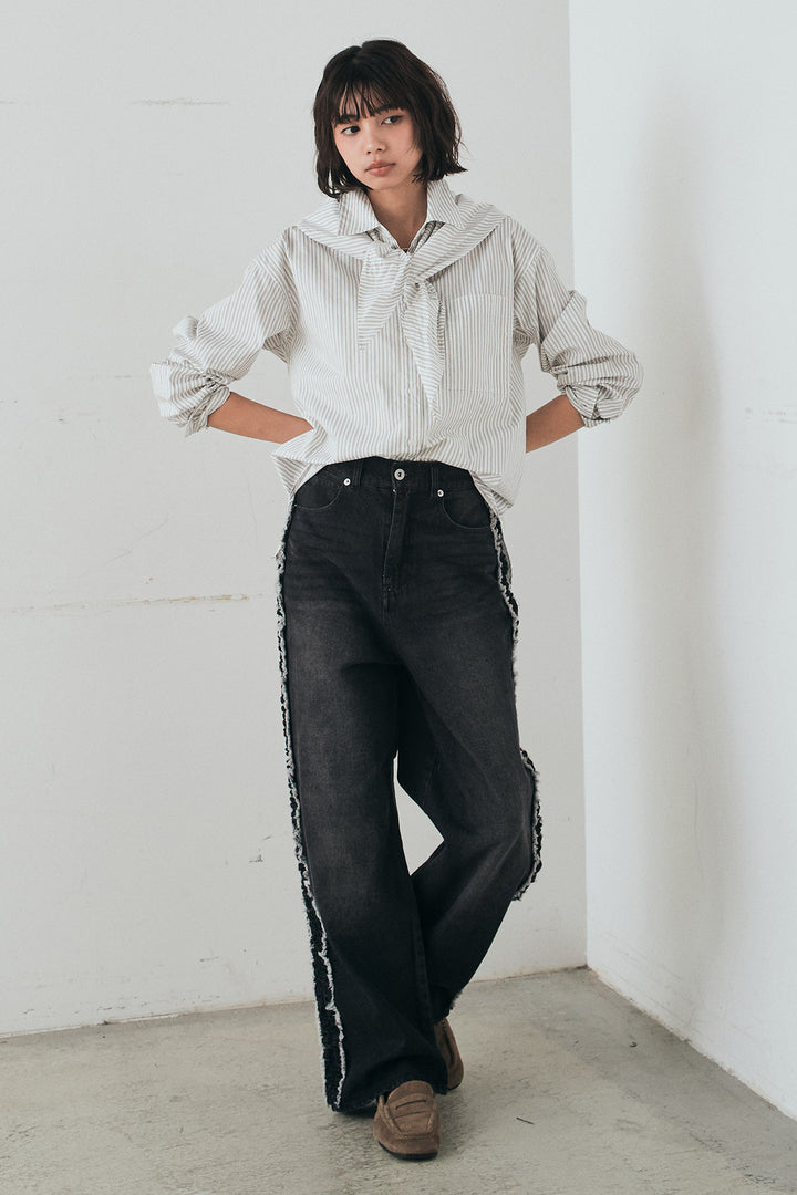 [SET]ランダムストライプスカーフ付きシャツ+デニムサイドフリルパンツ(2set)