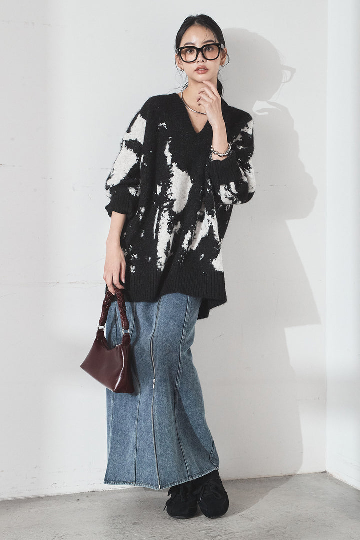 [SET]アブストラクト柄ニットプルオーバー+フロントジップデニムスカート(2set)