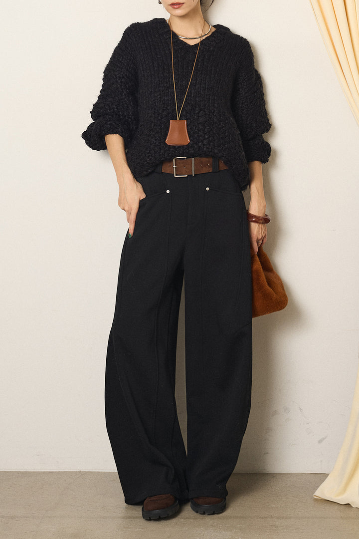 [SET]Vネックハンド編みニットトップス+太ベルト付きスウェットワイドカーブパンツ(2set)