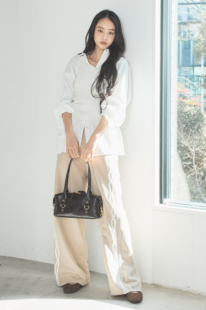 [SET]ニットキャミ付きシャツ+刺繡テープラインパンツ(2set)