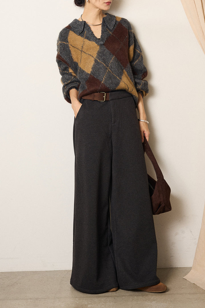 [SET]アクリルモヘアアーガイルキーネックプルオーバー+サイドベルトパンツ(2set)