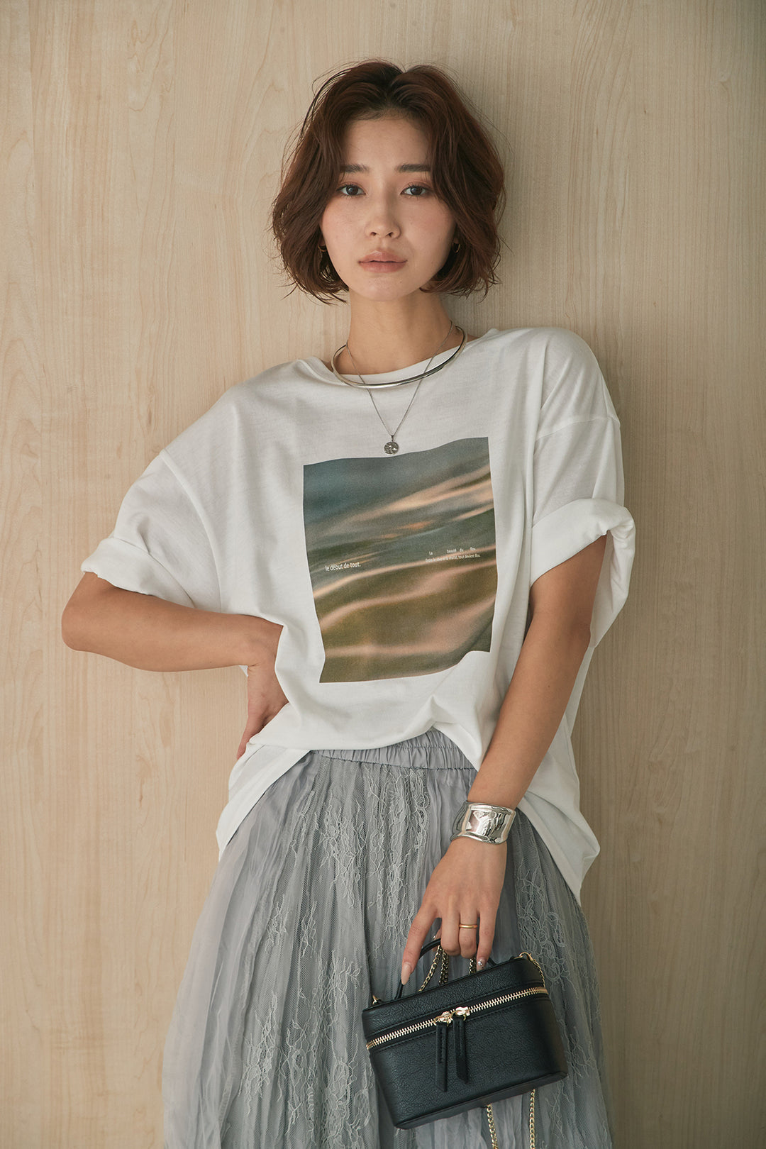 [SET]MarbleプリントTシャツ+レースコンビワッシャーギャザースカート(2set)