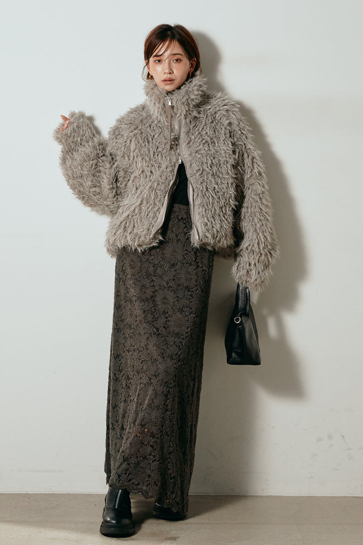 [SET]ミックスシープファースタンドブルゾン+花柄刺繍ベロアフレアスカート(2set)