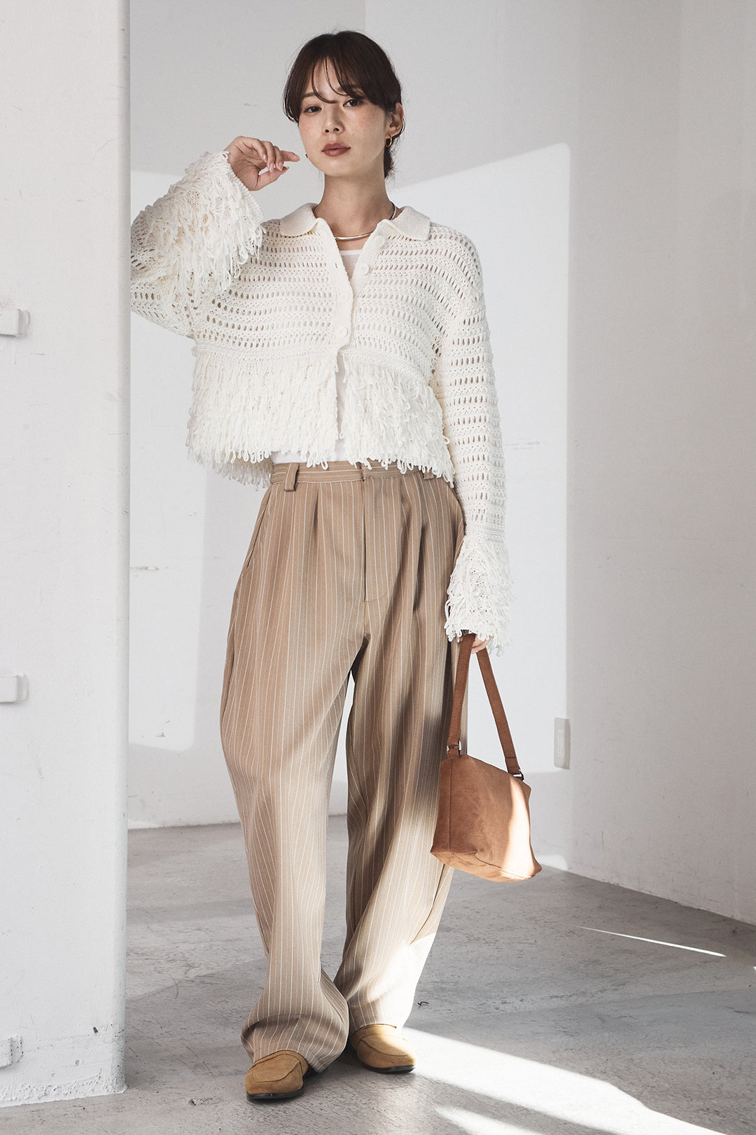 [SET]メッシュフリンジカーディガン+ヘリンボーンストライプツータックパンツ(2set)