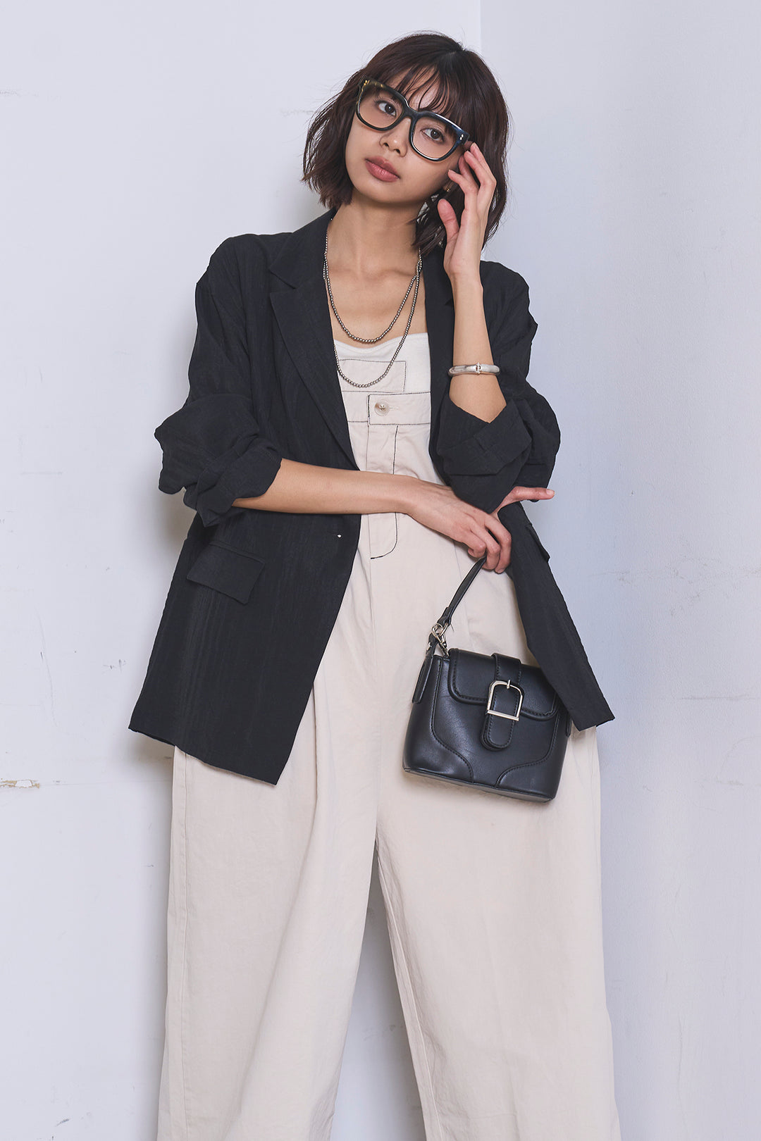 [SET]リネンブレンドテーラードシアージャケット+綿ツイルアシメサロペット(2set)