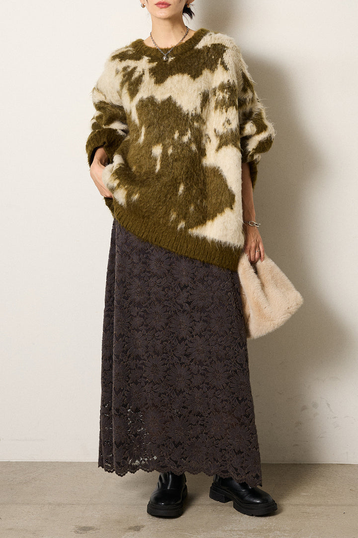 [SET]モヘアタッチマーブルニット+花柄刺繍ベロアフレアスカート(2set)