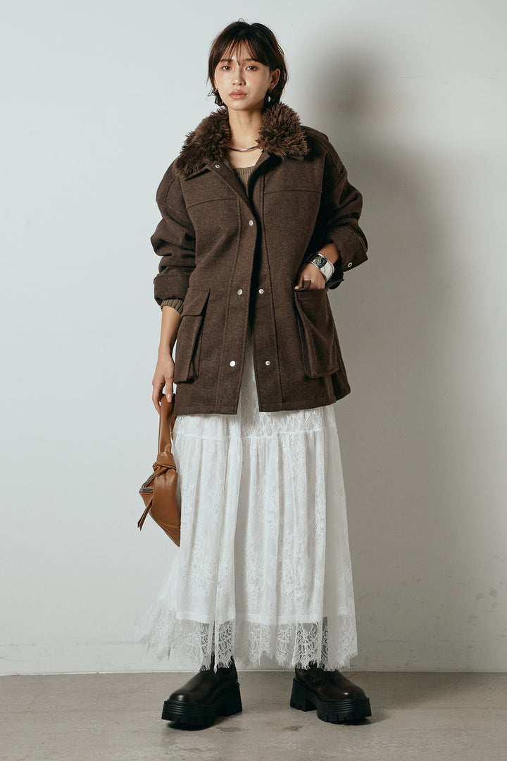 [SET]エコウール衿ファー薄中綿入りミドルカバーオール+ひげレース切替ロング丈スカート(2set)
