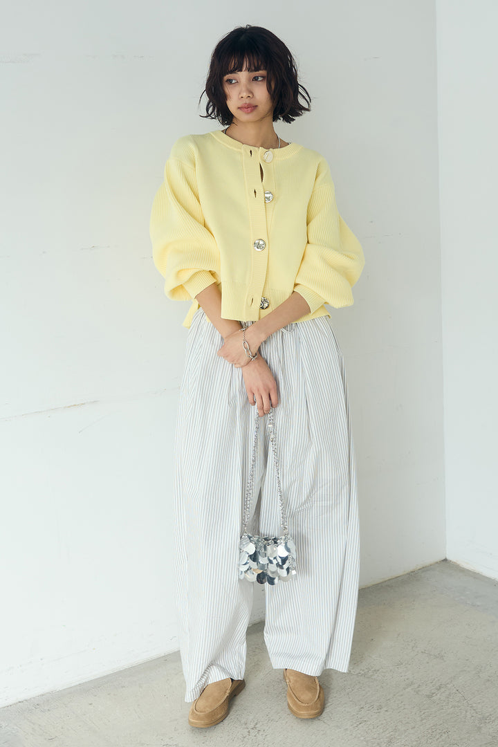 [SET]スポンディッシュBIGボタンクルーネックカーディガン+ランダムストライプタックギャザーパンツ(2set)