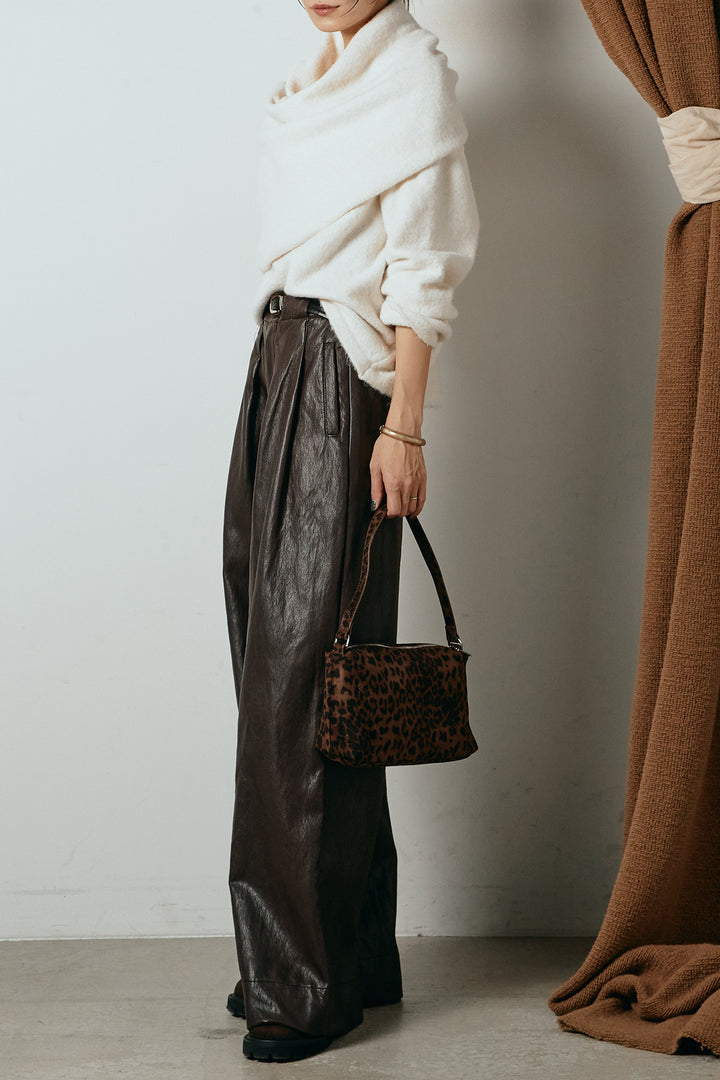 [SET]ネック巻きデザインニットトップス+ベルト付きレザーライクタックパンツ(2set)