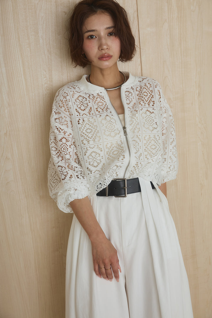 [SET]幾何レースブルゾン+ベルト付きビックループワイドパンツ(2set)