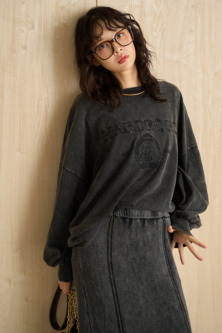 [SET]袖ボリュームHARTFORD刺繍Tシャツ+ピグメントリラックスニットスカート(2set)