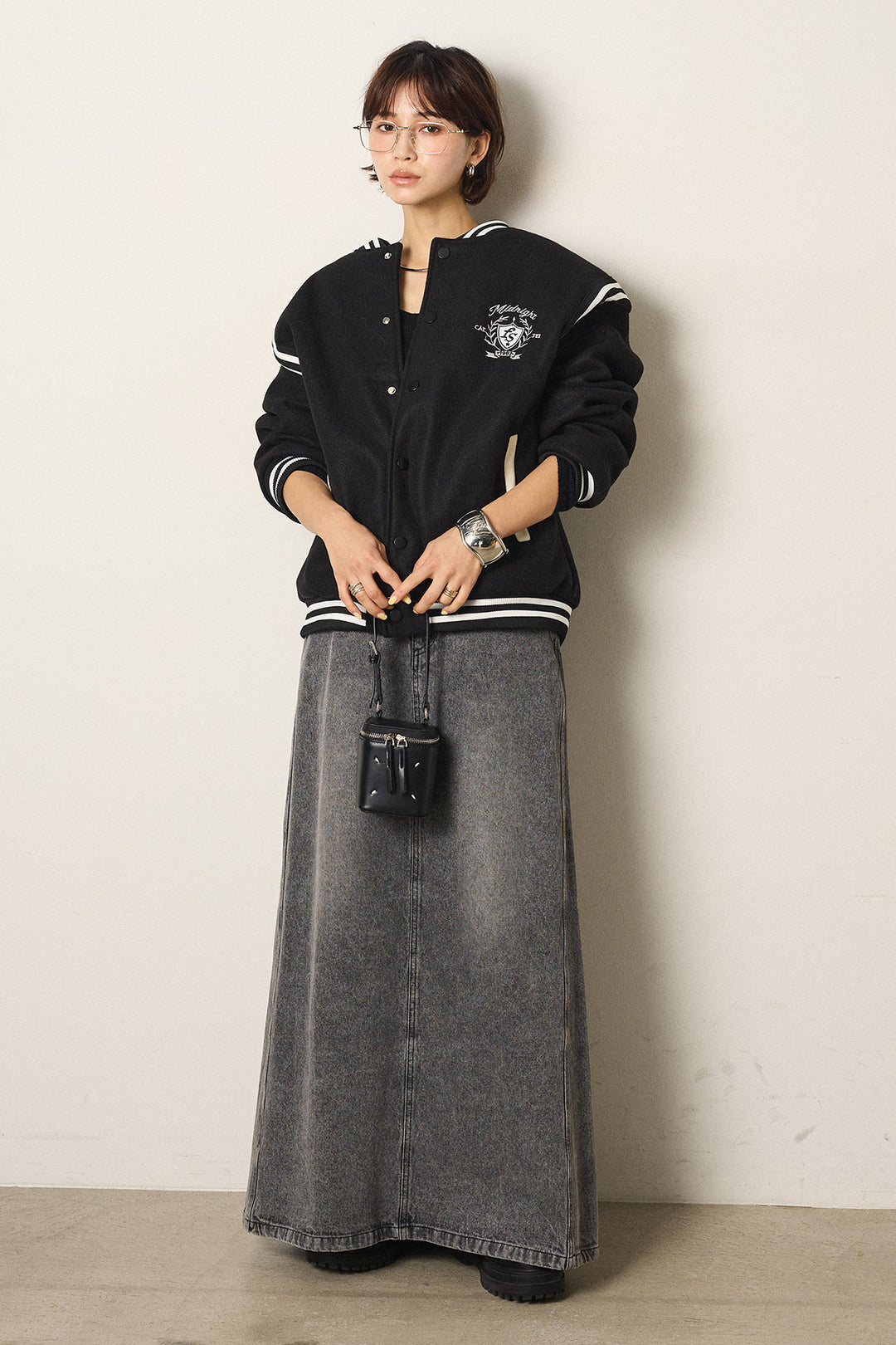 [SET]ワンポイントデザインブルゾン+デニムロングフレアスカート(2set)