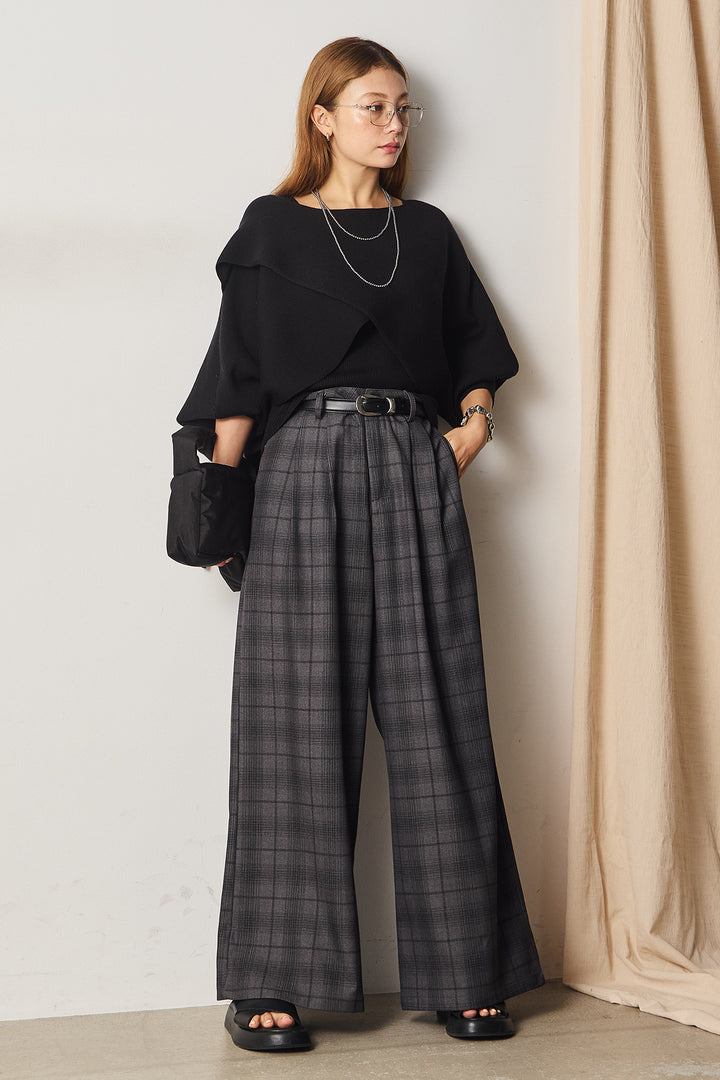 [SET]タンク付きクロスデザインニットプルオーバー+タック入りタータンチェックワイドパンツ(2set)