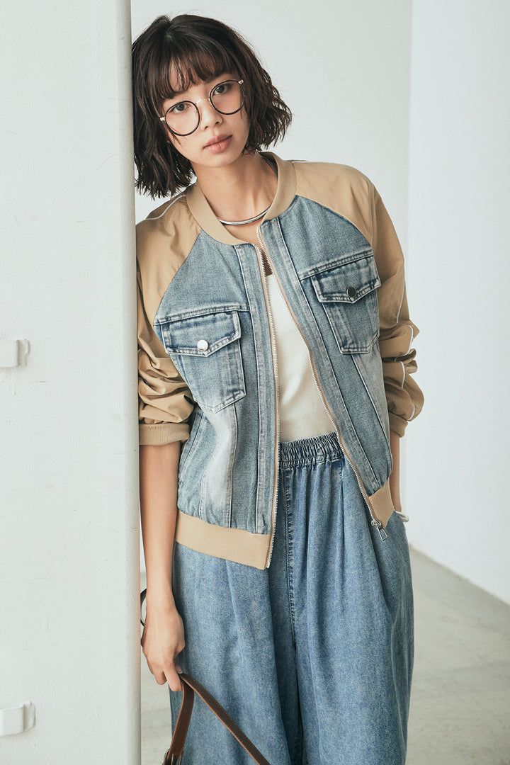 [SET]ナイロンデニムドッキングブルゾン+テンセルデニムイージーワイドパンツ(2set)