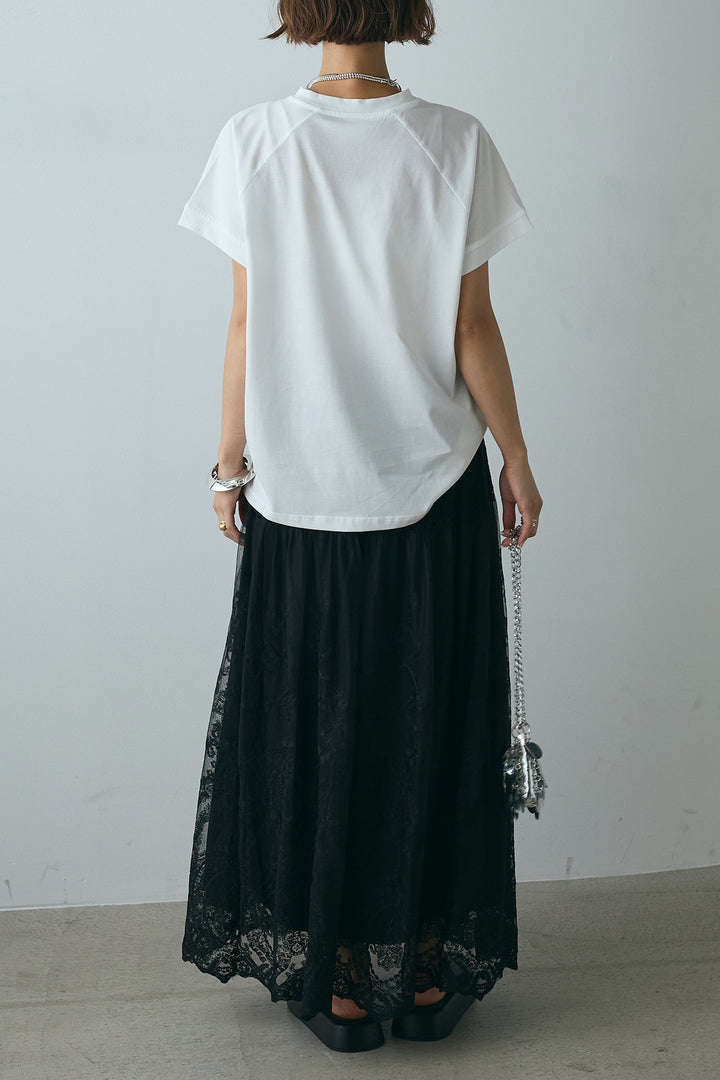 [SET]フォトプリントラグランTシャツ+ミックスレース刺繍スカート(2set)