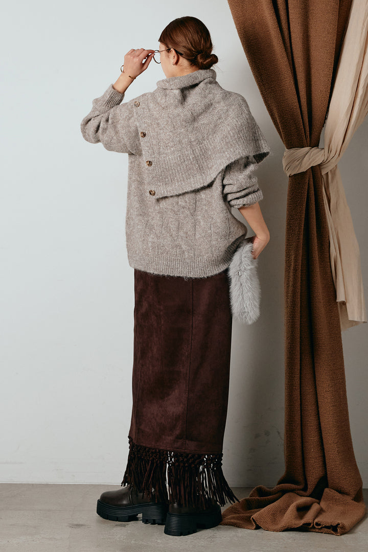 [SET]ケープデザインケーブルニットトップス+スウェードライク裾フリンジスカート(2set)