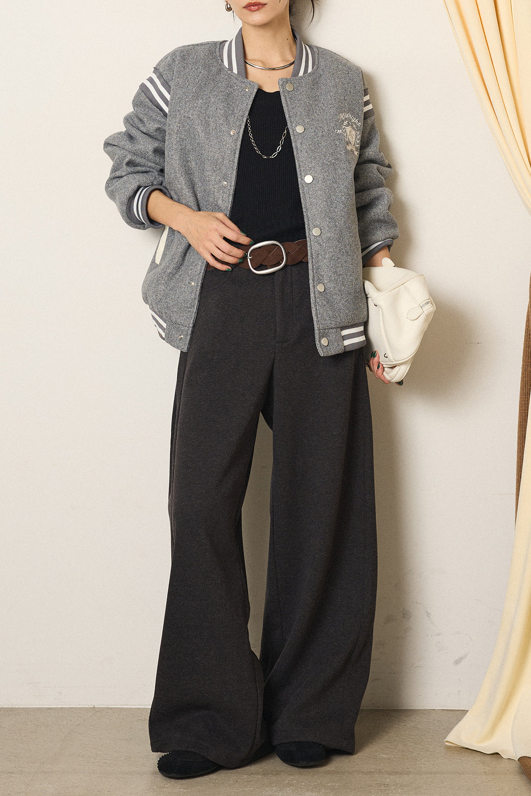 [SET]ワンポイントデザインブルゾン+編みベルト付きワイドパンツ(2set)