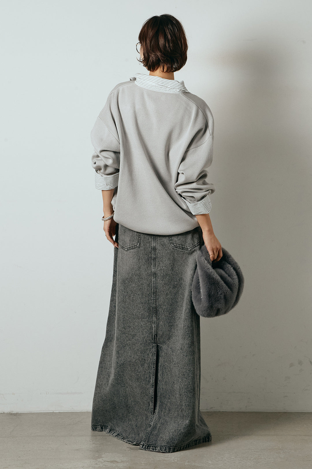 [SET]ストライプシャツドッキングポロトップス+デニムロングフレアスカート(2set)