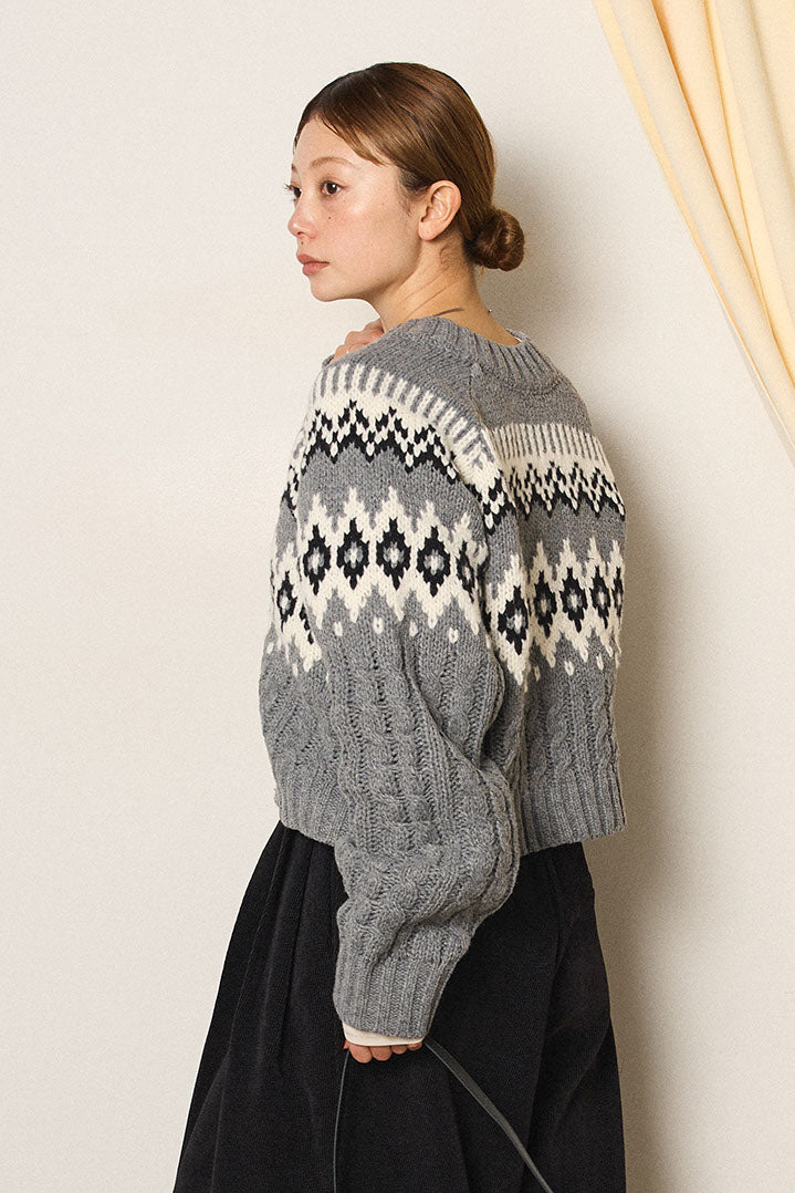 [SET]2WAY求心柄ジャガードショートカーディガン+2WAY袖コード刺繍クルーネックプルオーバー(2set)