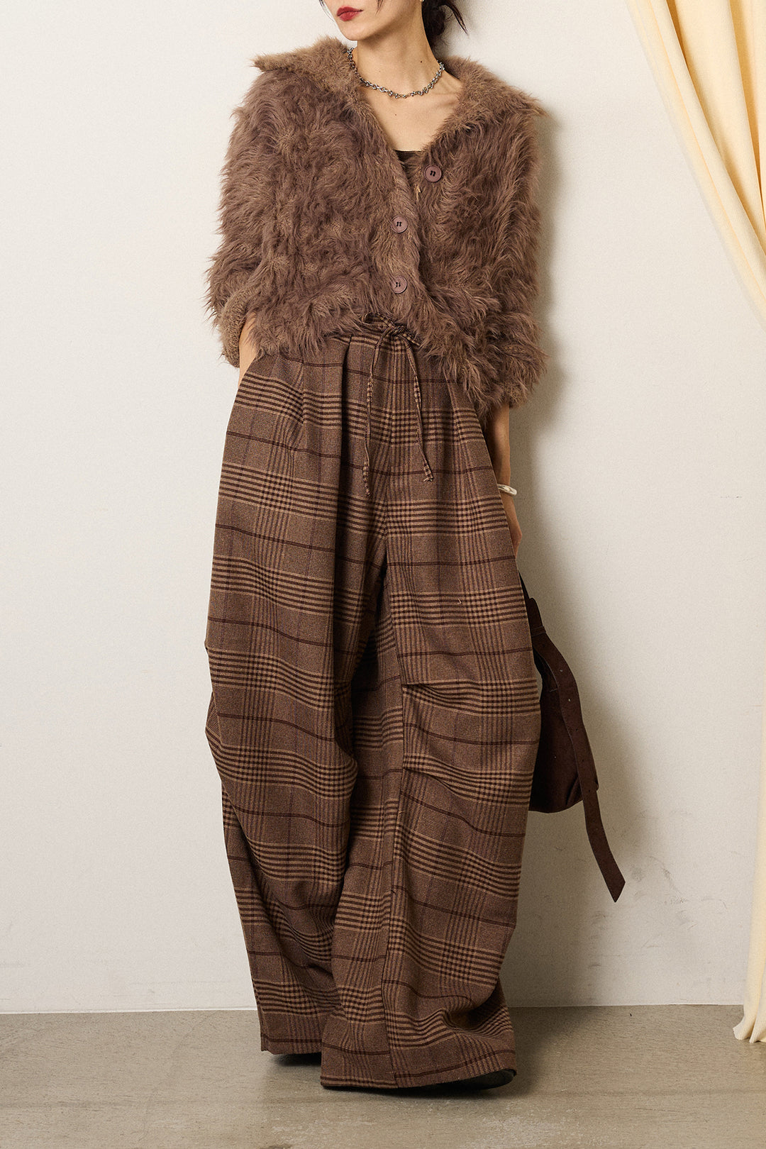 [SET]襟付きシャギーニットカーディガン+グレンチェックルーズタックパンツ(2set)