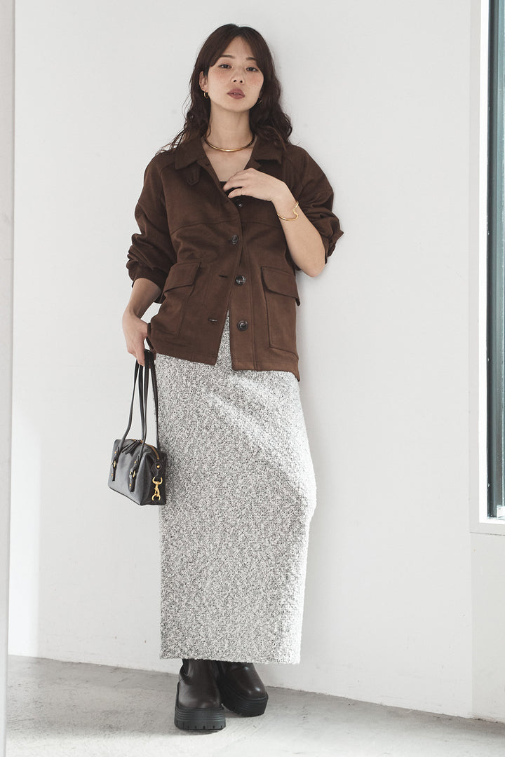 [SET]デカポケスエポンジャケット+ツイード風MIXスラブスカート(2set)