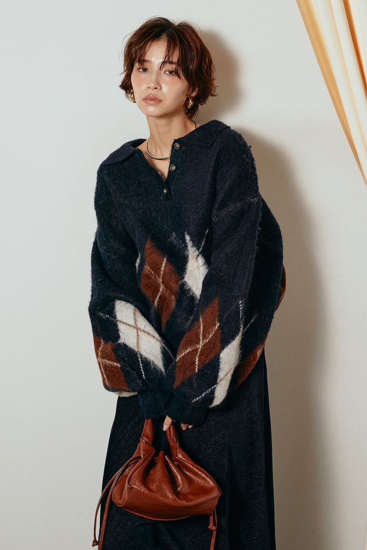 [SET]アーガイル柄ポロニットトップス+スウェードライクロングスカート(2set)