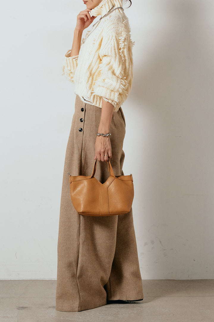 [SET]フリンジタートルショートニット+サイドボタンツイードタックパンツ(2set)