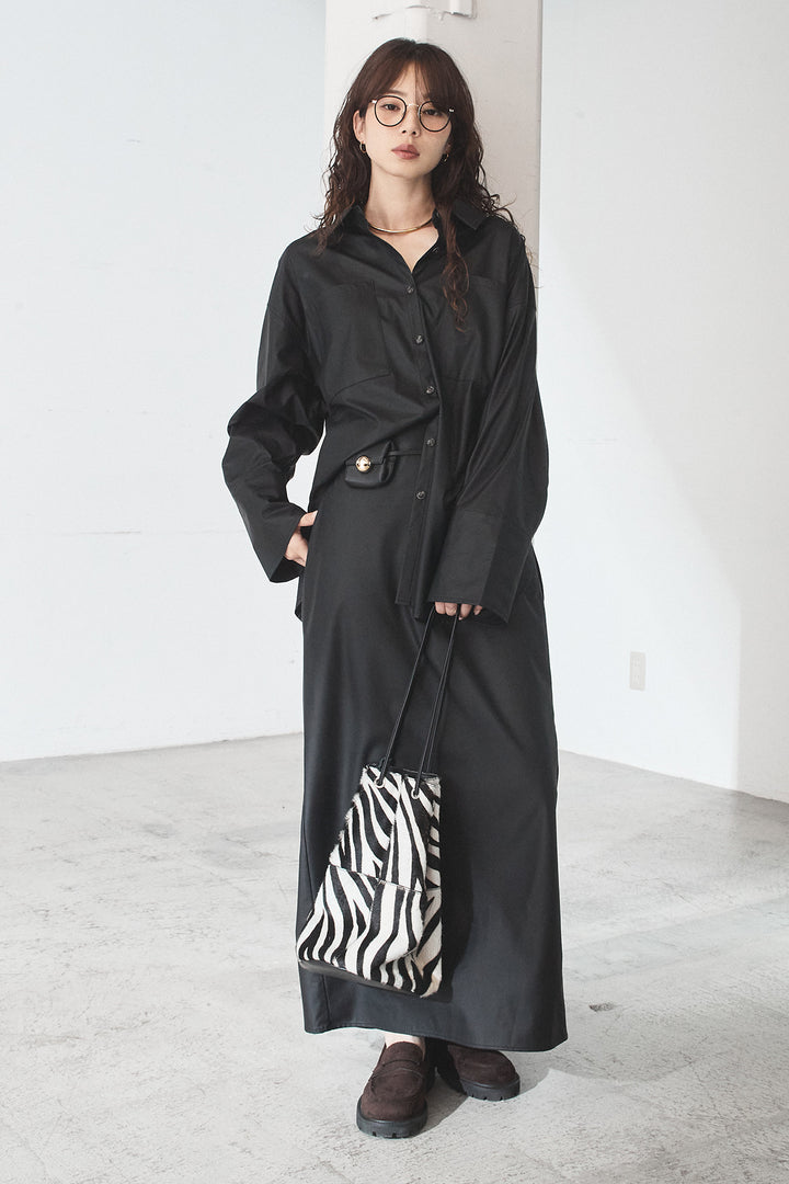 [SET]ウォッシャブルエコレザービックカフスシャツ+ウォッシャブルエコレザーナロースカート(2set)