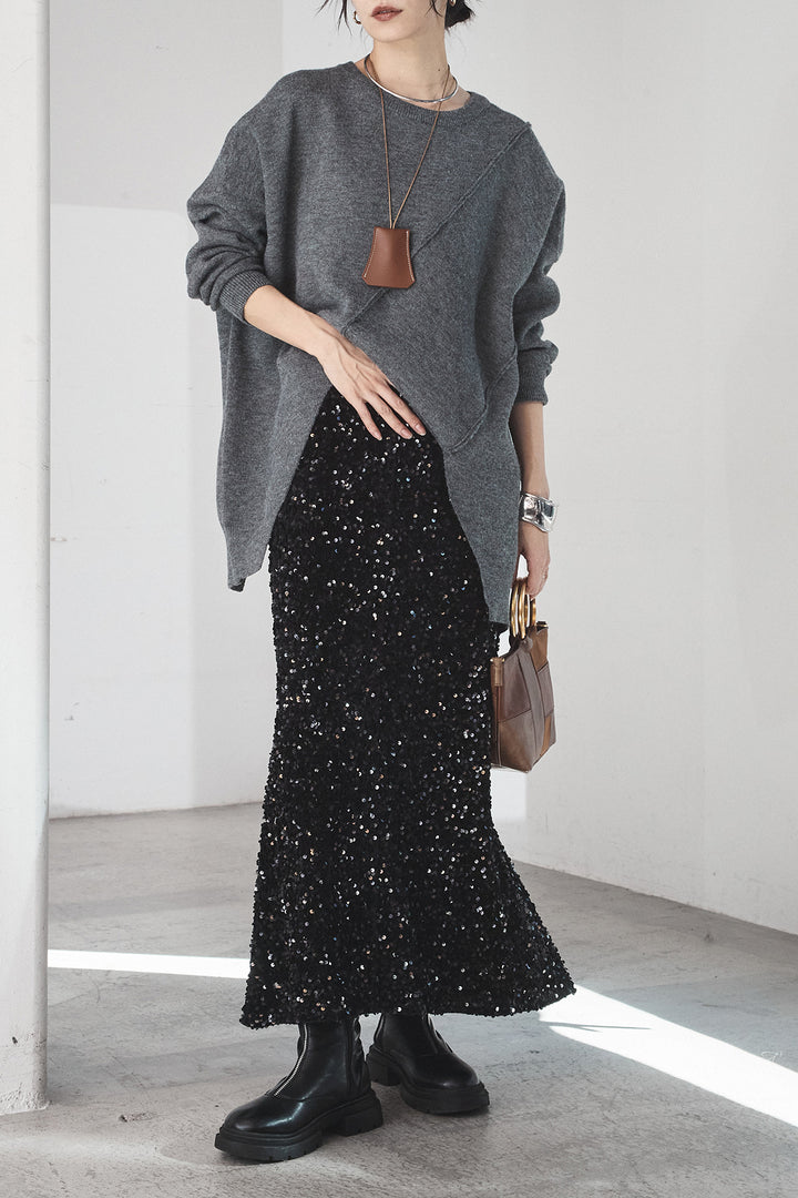 [SET]アシンメトリーデザインニットトップス+スパンコールニットワイドスカート(2set)