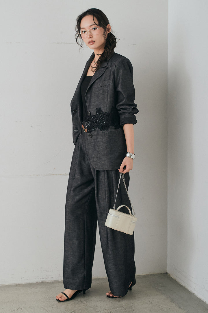 [SET]リネンタッチレースデザインジャケット+リネンタッチ細ベルト付きワイドパンツ(2set)